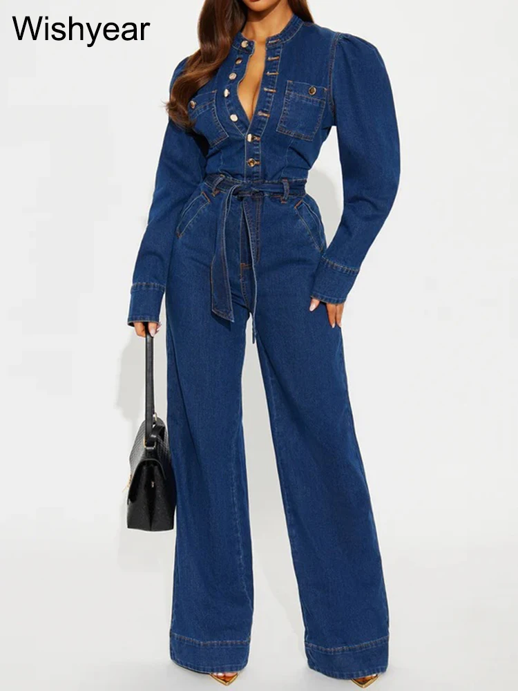 Fashion Winter Blue Stretch Denim Wide-leg Pants Jumpsuits With Bandage Woman Long Sleeves Single Breasted Street Jeans Rompers