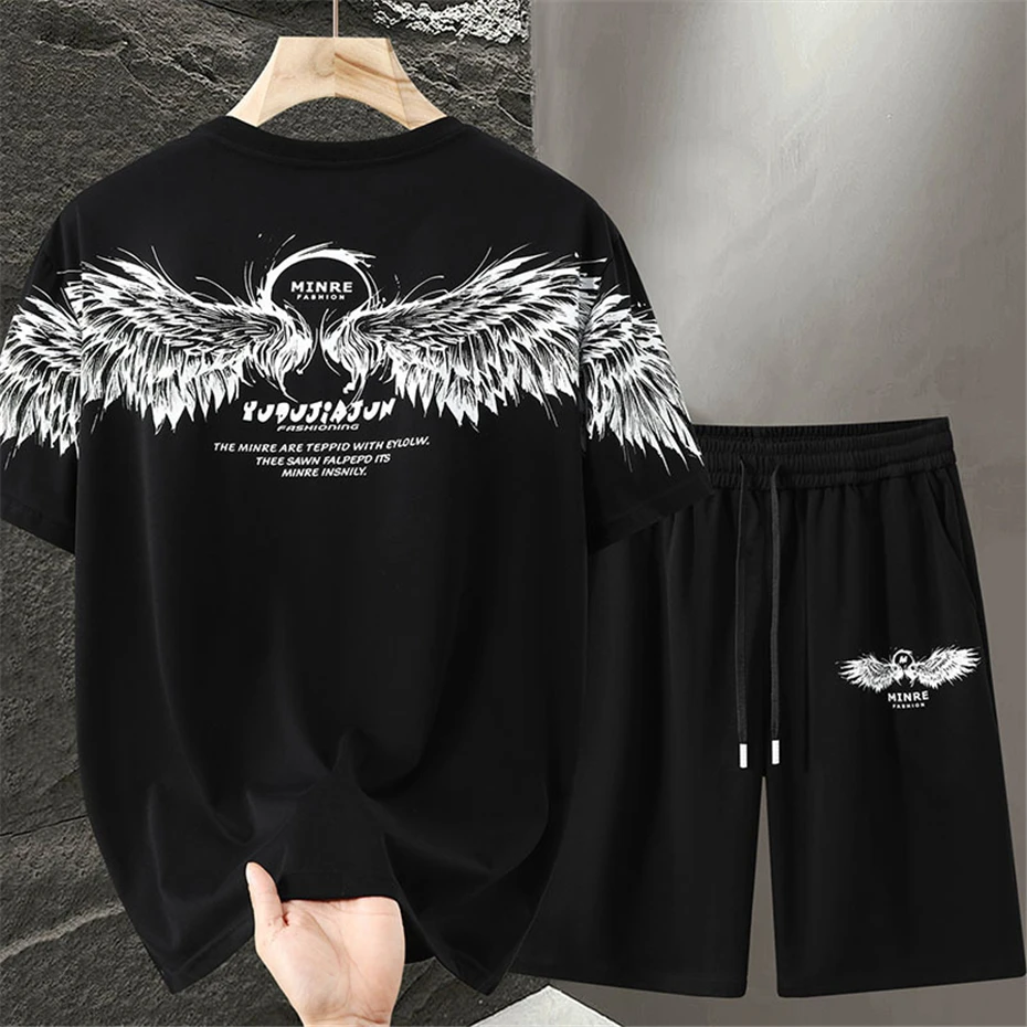 Summer Tracksuits Men Plus Size 11XL Summer Sets Casual Fashion Wing Print T-shirts Shorts Suits Male Big Size 11XL