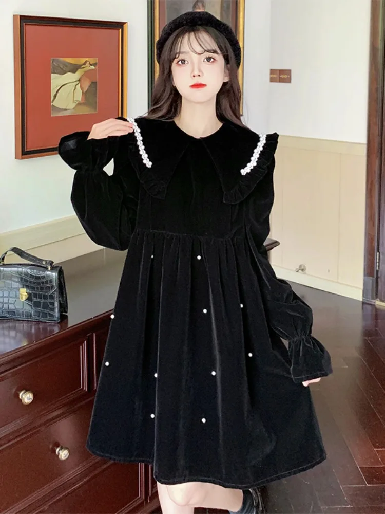 French Hepburn Style Long Sleeved Velvet Dress Women Autumn Plus Size Black Temperament Retro Lolita Girl Robe Dress