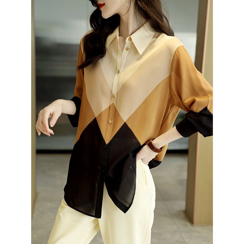 Spring Autumn Polo-neck Patchwork Elegant Long Sleeve Shirt Female Casual Fashion All-match Buttons Blouse Women Cardigan Top