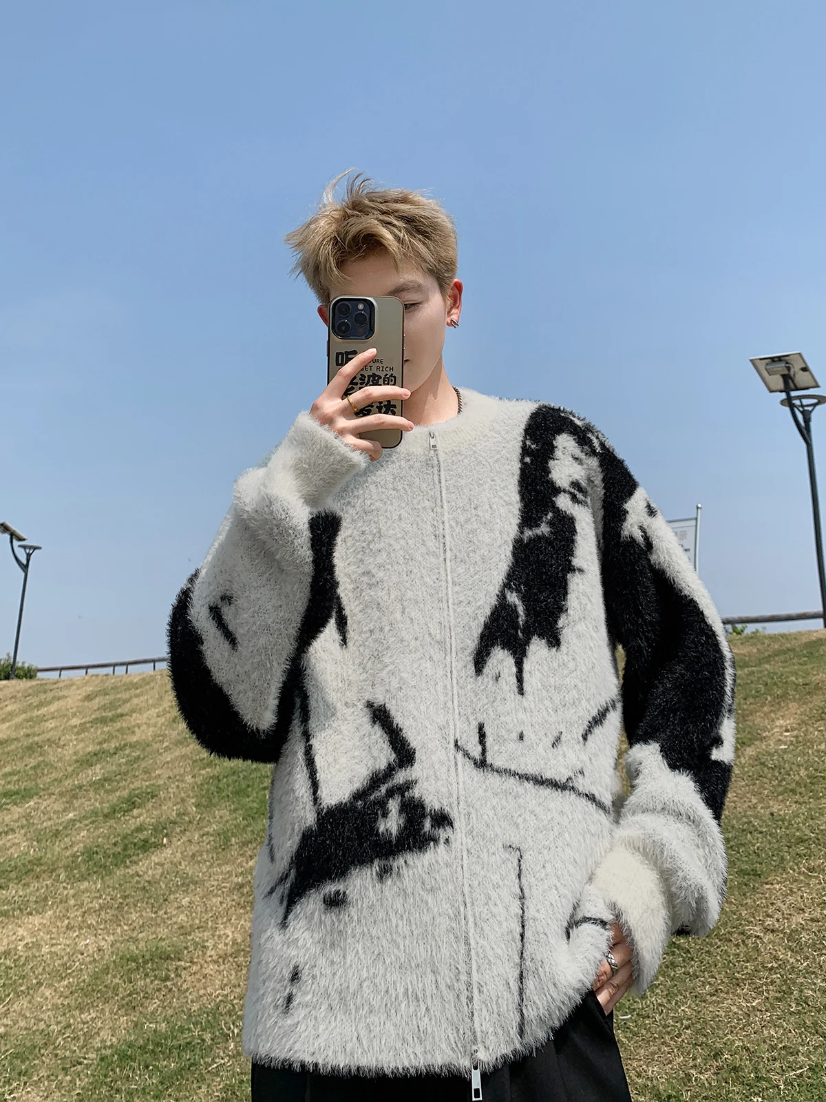 

Vintage adient Dyed Sweater Cardigan Men's Autumn Winter Lazy Sle Zipper Knitted irt Loose Fit Youthful Energy