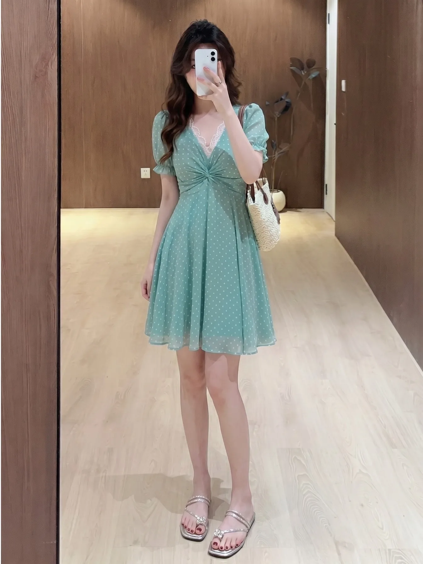 

plus Size Women's Vintage Polka Dot V-Neck Lace Trim Short Sleeve Dress Beautiful Waist-Cinching Summer New Style Short Dress