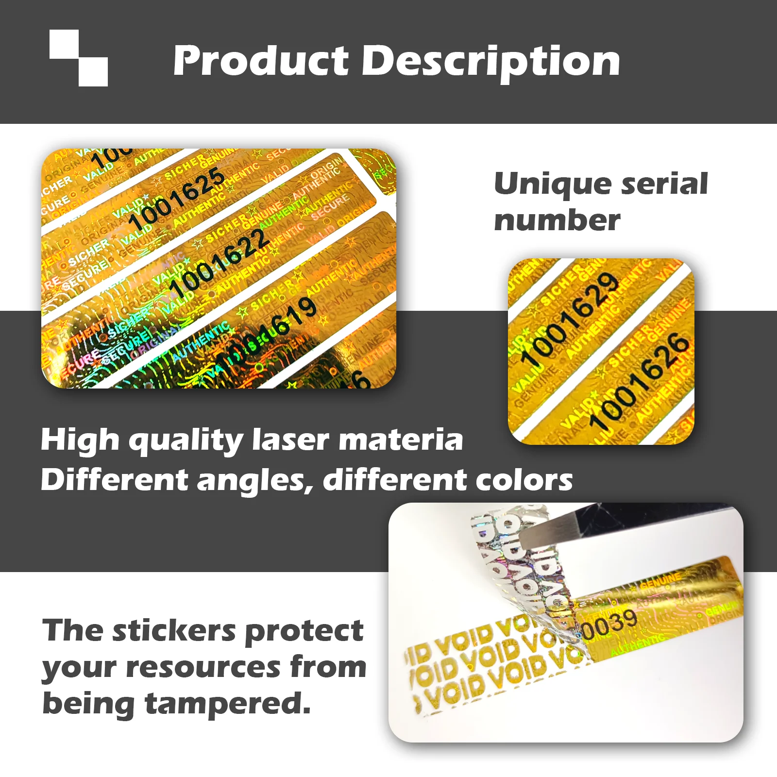 Holographic Warranty Void Labels , Tamper Proof Evident Sticker, GENUINE AUTHENTIC Security Seal, 5x 1m with Serial Number,Gold