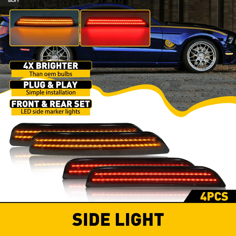 4Pcs/set Amber Red LED Side Marker Lights For Ford Mustang 2010 2011 2012 2013 2014 Accessories Car Front Rear Bumper Lamp 12V
