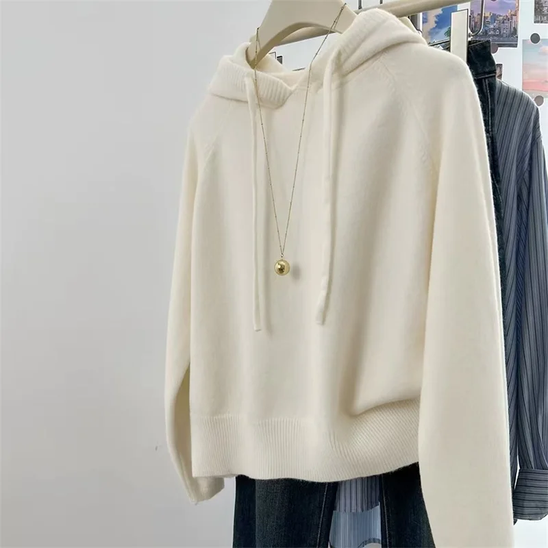 

100, шерстяной женский пуловер с капюшоном, новый вязаный модный универсальный осенне-зимний женский свитер с длинными рукавами, однотонный