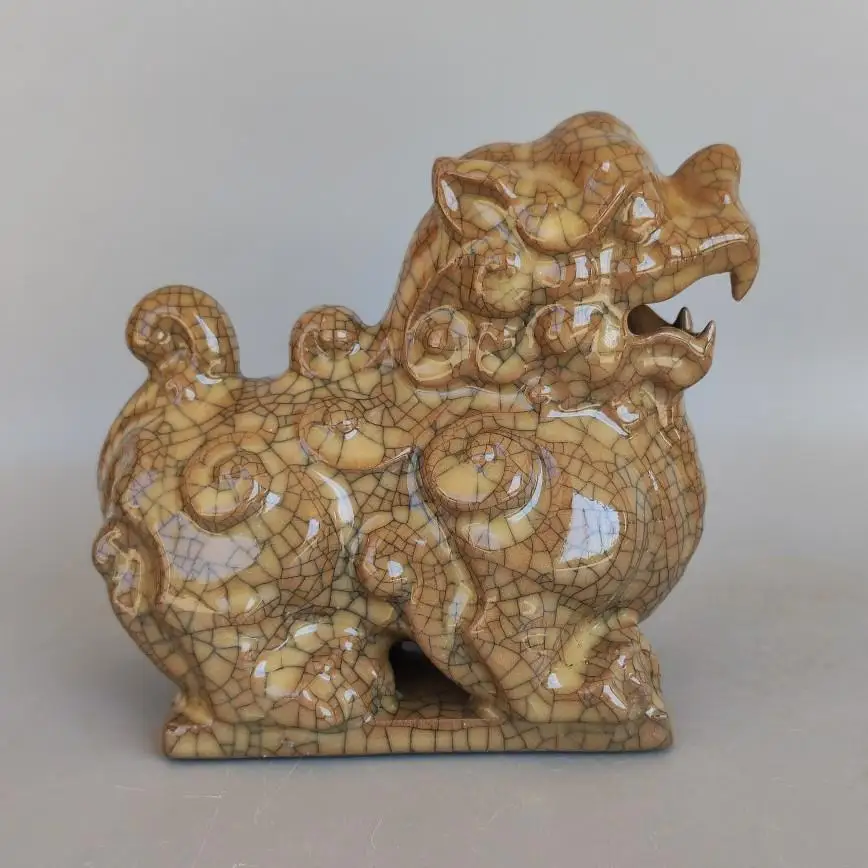 Chinese Ge Kiln Crackle Glaze Pixiu Lion Statue Porcelain Fu Beast Figurine Home Office Feng Shui Decor Collection Ceramic
