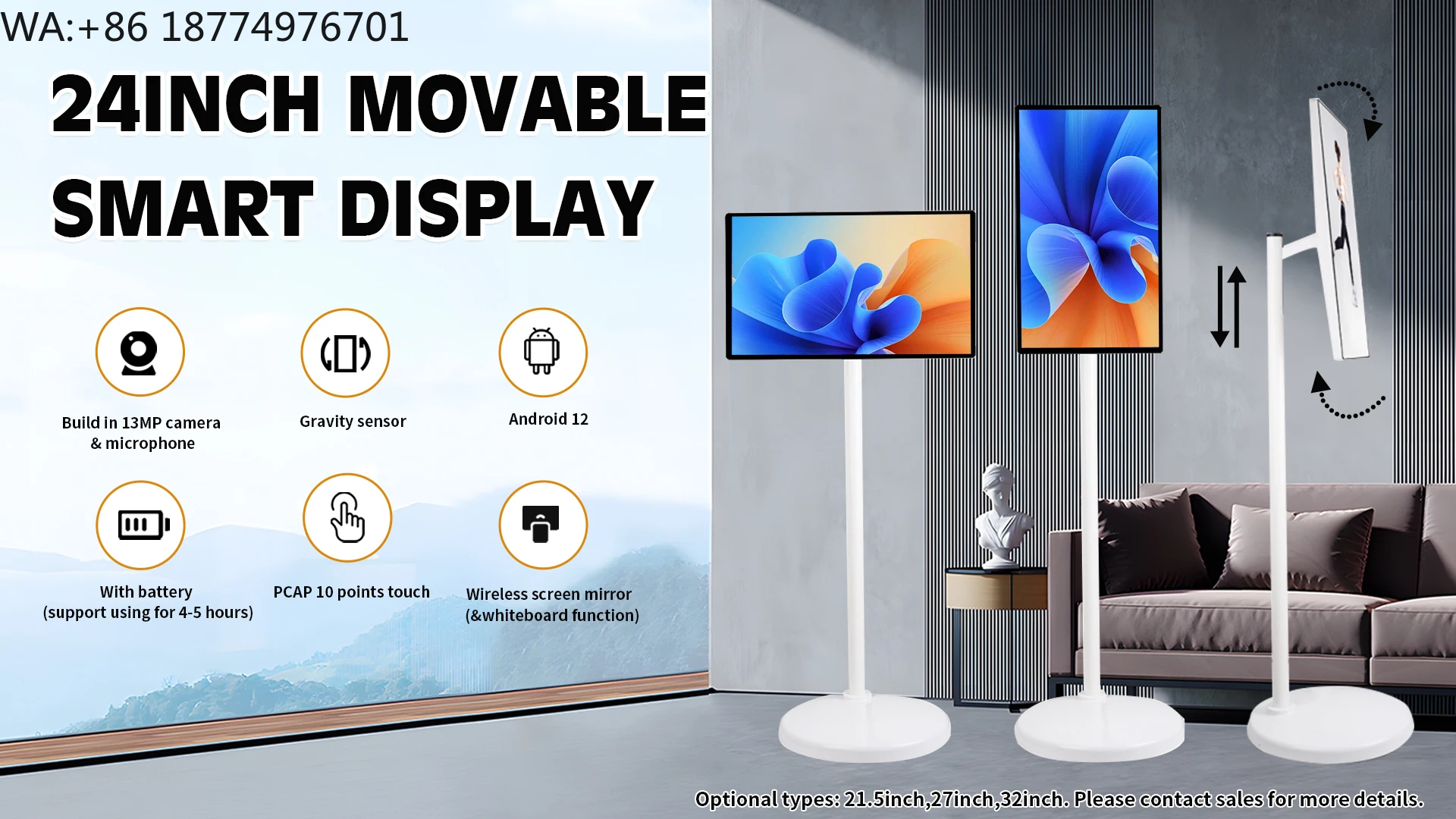 

24 Inch Portable Smart Screen on Wheels 1080P Interactive Android OS Support Google Store Wireless Moveable