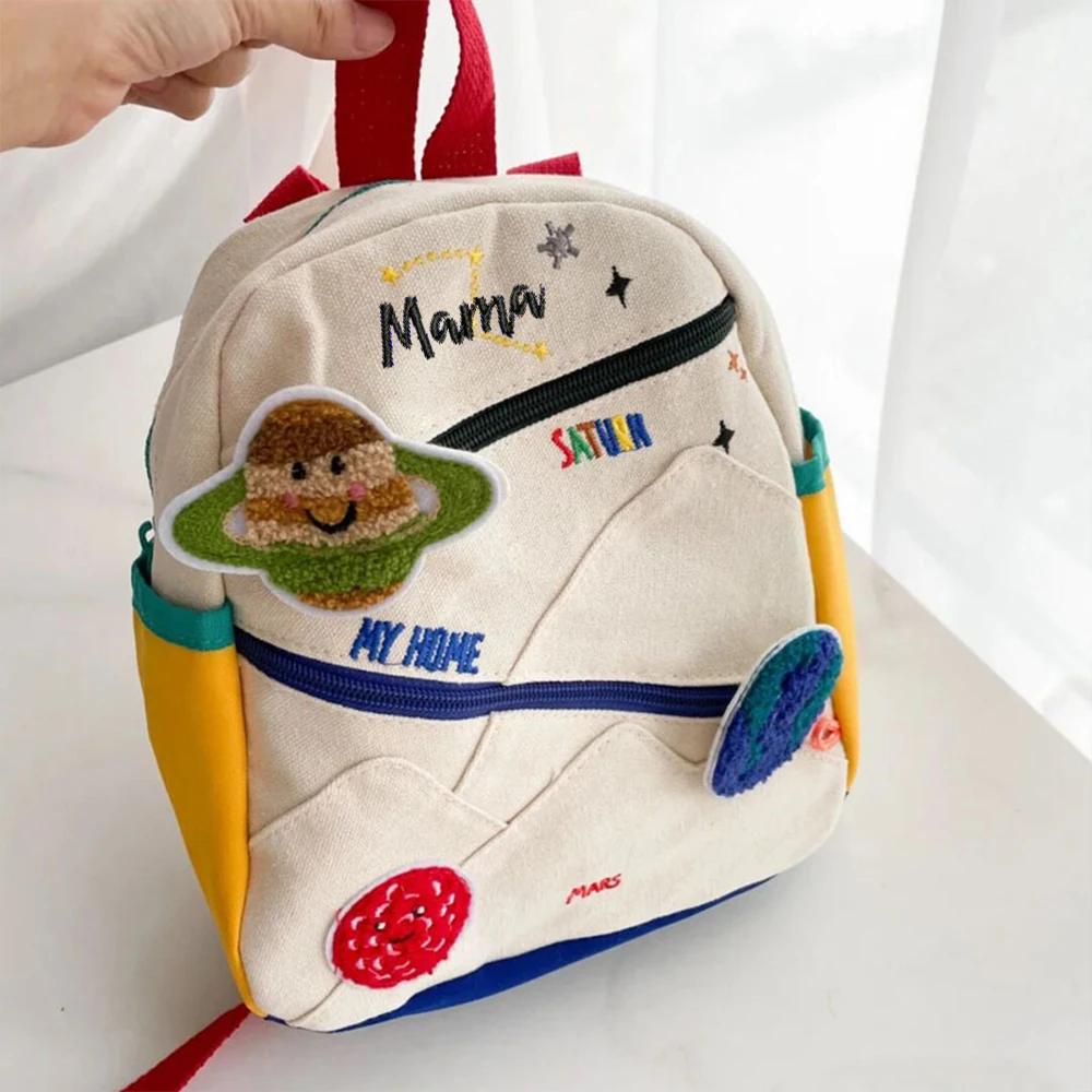 Mochila de lona personalizada infantil, bolsa escolar do jardim de infância, bonito planeta, nome bordado, meninas, meninos