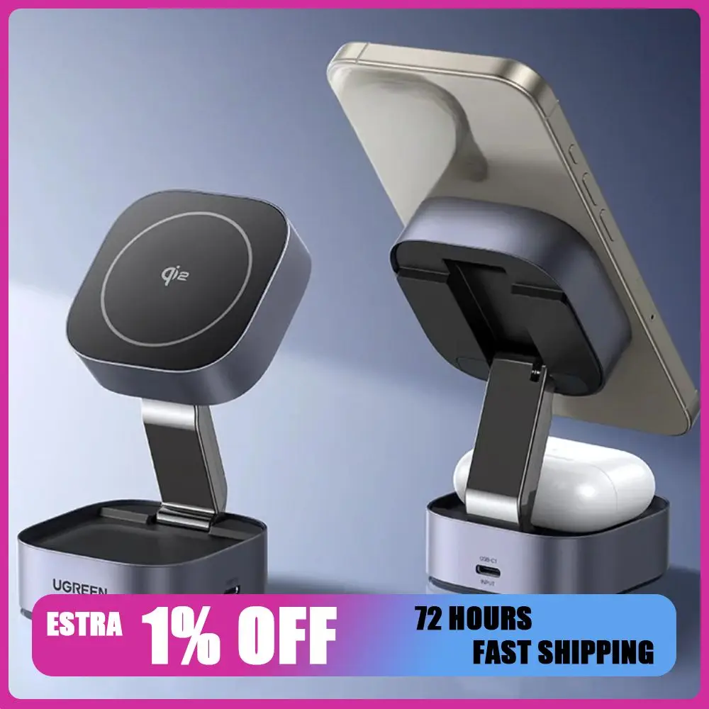 Base de Carga Inalámbrica Magnética UGREEN Qi2 de 15 W, Base de Carga 2 en 1 para iPhone 15 16 Pro Max/AirPods, Cargador Rápido MagSafe