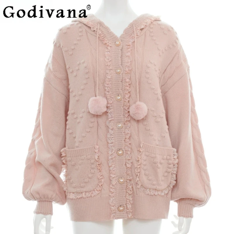 

Japanese style Lolita Sweet Sweaters Cardigan Jacket Women's Loose Love Button Hooded Knitted Long Sleeve Top Autumn and Winter