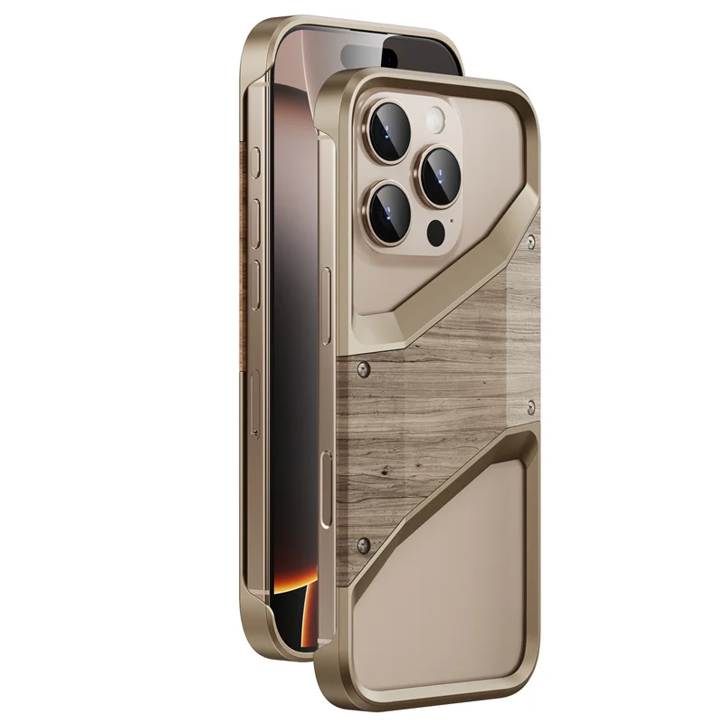 

For iPhone 16 15 Pro Max Fashion Metal Solid Wood Frameless Phone Case Aluminum Alloy Hollow Heat Dissipation Protective Cover