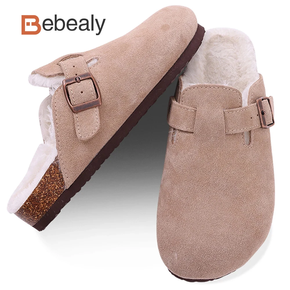 

Bebealy Classic Fur Slippers For Women Winter Cork Footbed Mules Slippers Fashion Women Clogs Fuzzy Slippers With Arch Support