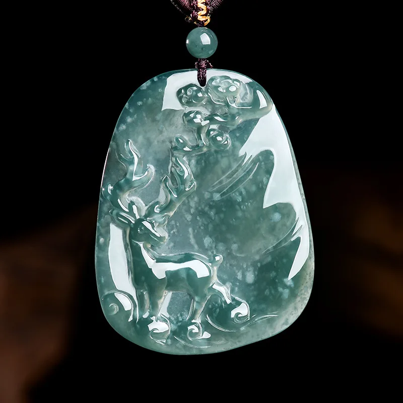 Natural Myanmar Jadeite Deer Pendant Necklace Talismans Accessories Vintage Carved Amulet Fashion Real Jade Gifts for Women