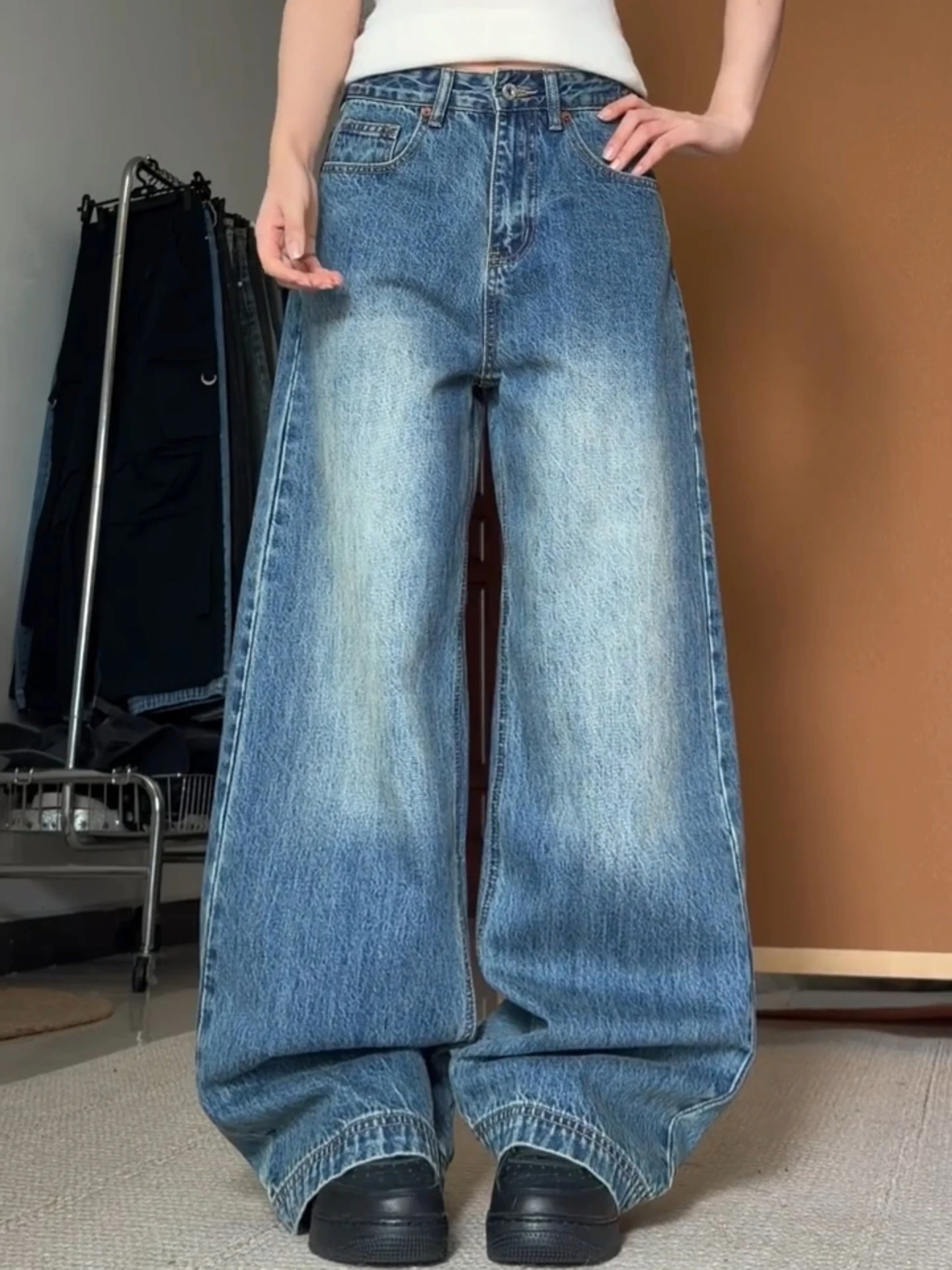 

Ретро-джинсы американского стиля большого размера, прямые, с эффектом потертости, унисекс, с высокой талией, свободного кроя, повседневные, длинные брюки, винтажный стиль, деним