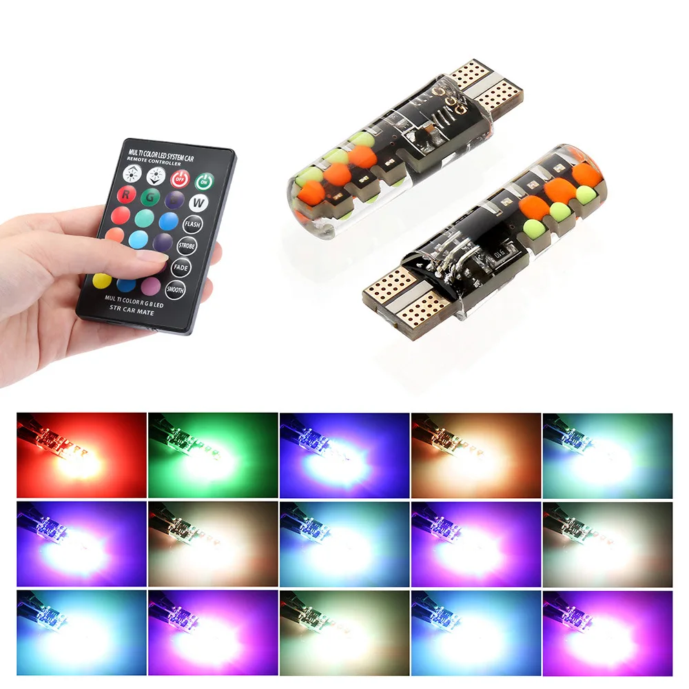 

2pcs T10 W5W Led 194 168 W5W 5050 SMD Car Dome Reading Light Automobiles Wedge Lamp RGB LED Bulb With Remote Controller
