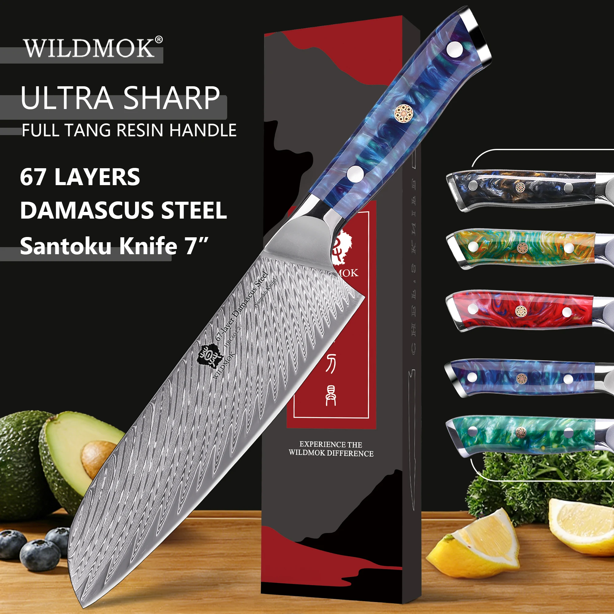 WILDMOK 7 Inch Japanese VG10 Damascus Santoku Knife, Full Tang Resin Handle Professional Knife for Kitchen Cutting & Slicing