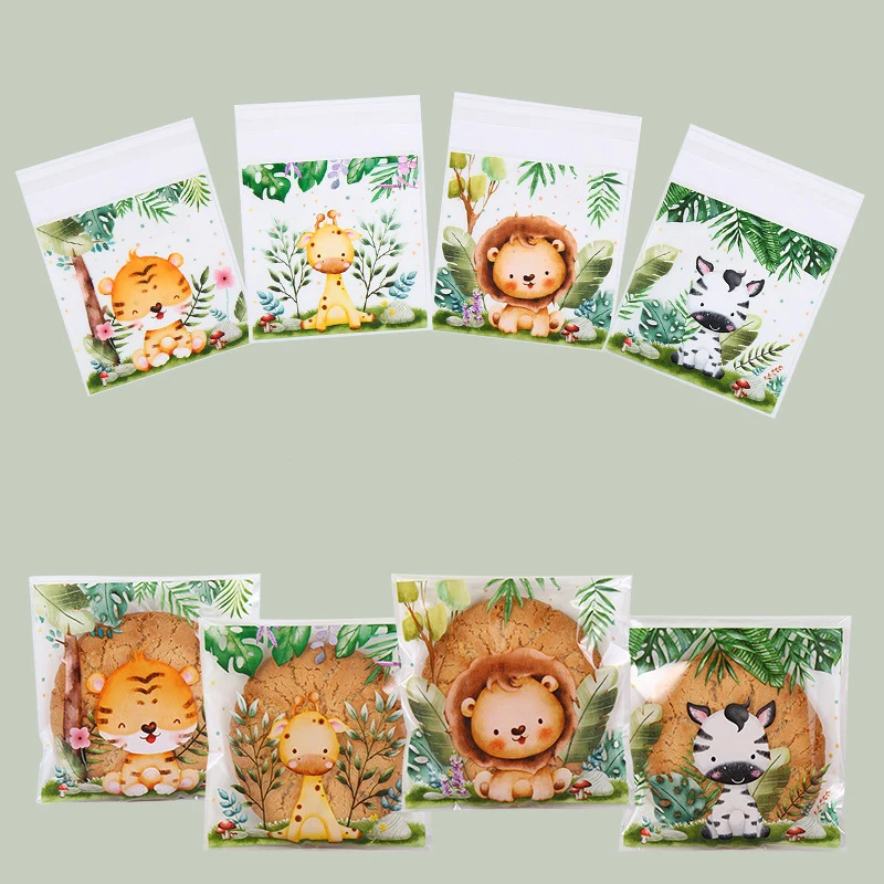 New 50Pcs/Bag Jungle Animal Self Sealing Cookie Candy Bags Wild One Safari Theme Birthday Party Decor Kids Baby Shower Gift Bags