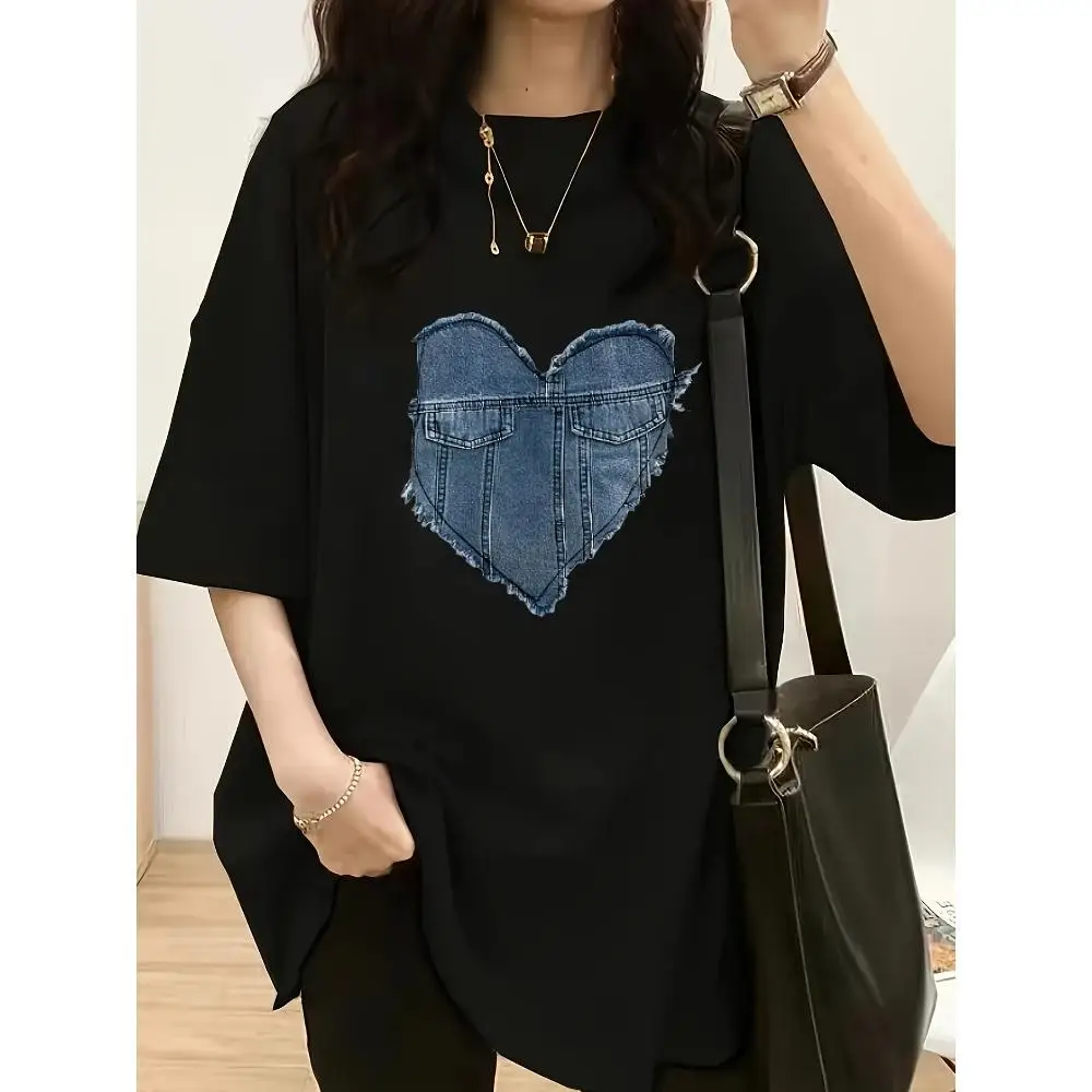 

Женская повседневная шикарная джинсовая футболка с принтом, круглый вырез с короткими рукавами и нашивкой в виде сердца, черный вязаный топ из полиэстера