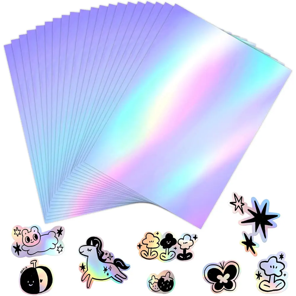 20 Sheets A4 Color Holographic Stickers, Vinyl Printable Stickers, Self-Adhesive and Waterproof, Suitable for DIY Projects.