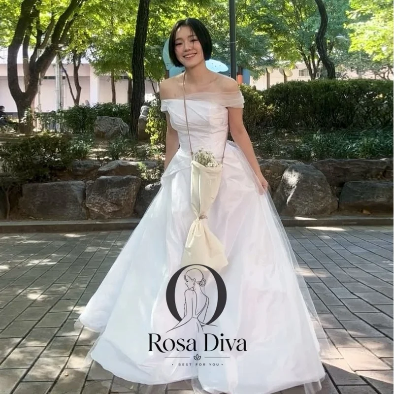 Rosa Diva Simple Ivory Off The Shoulder Tulle A Line Wedding Dress Floor Length Ball Gown Bridal Gowns With Gathered Bodice