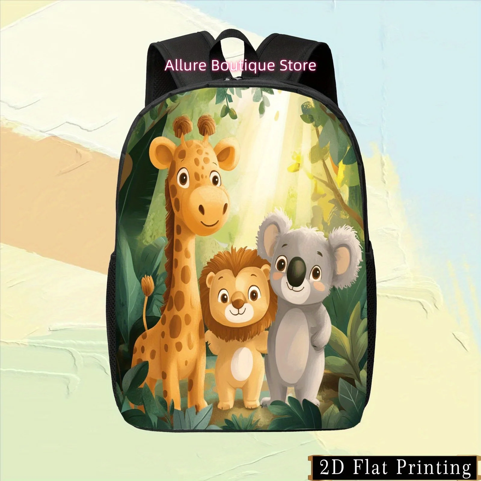 1pc Cute Giraffe & Koala Forest Print Backpack - Lightweight Adjustable Straps, Multiple Compartments, Zipper Closure, Side Pock