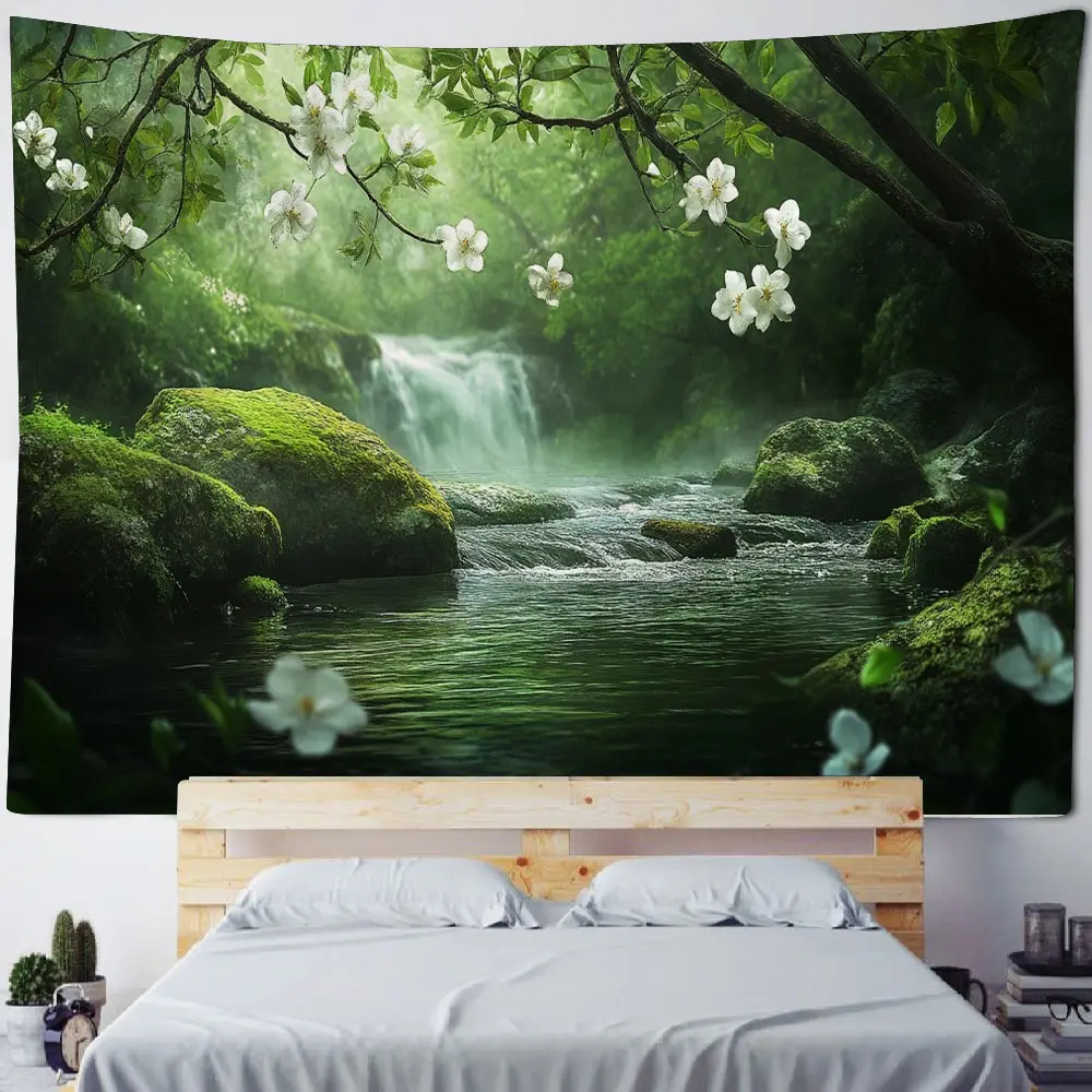 Beautiful forest waterfall scenery decoration under warm sunshine, tapestry, picturesque landscape decoration