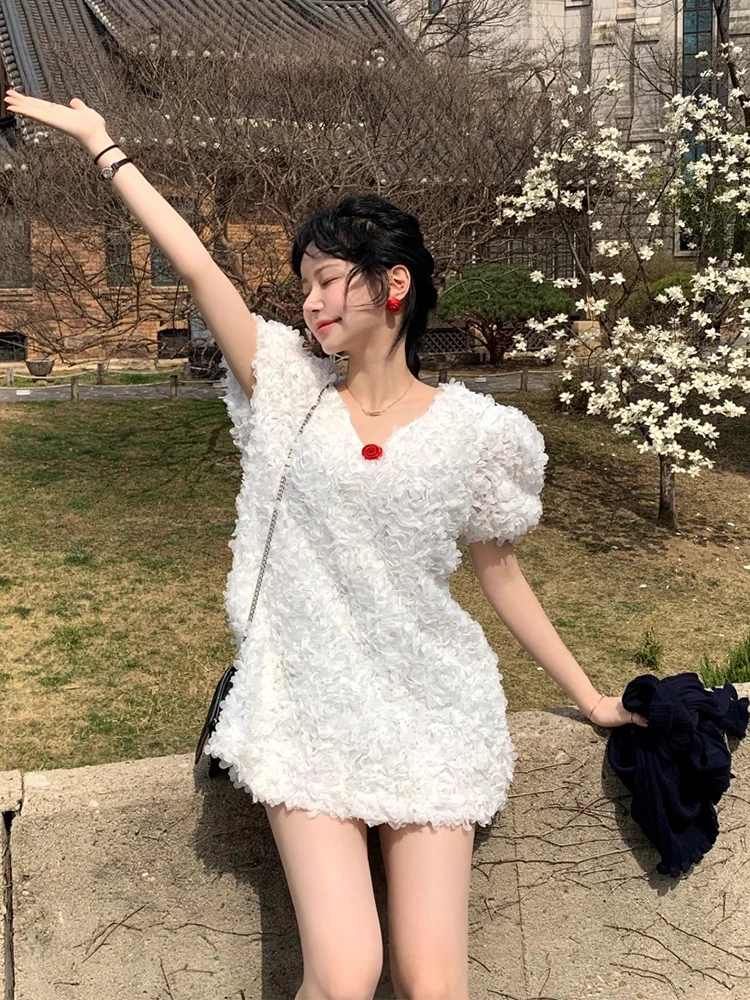 Liangliang nom dame Sle t-shirt dimensionnel pétale bulle Sve Dr femmes été nouveau rétro Faionable couches ort jupe