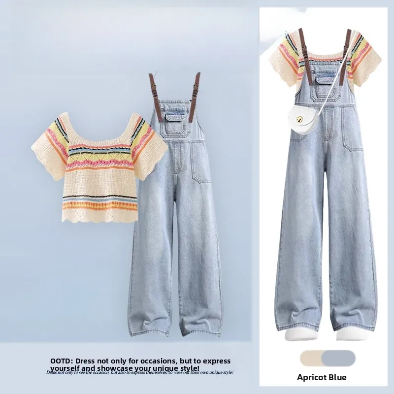 

Dopamine Sweet Hollow Short Sleeve T-Shirt Women's Loose Slim Straight Leg Jeans Set Summer Fashion Casual Wear