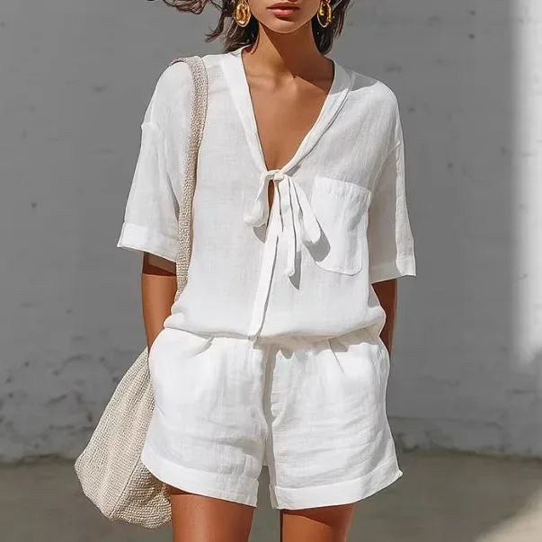 2026 New Summer White Women's Blouse Sets Two 2 Pieces Sale Casual Lace Up Blouse Shirt High Waist Wide Leg Short Suits Beach