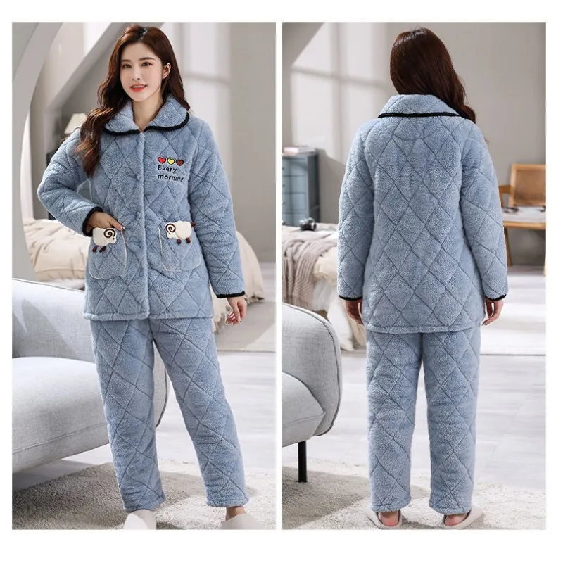 Pajamas Women Winter Three-layer Thickened Plush Sandwich Two-piece Flannel Women Cotton Padded Clothes Household Clothes Set