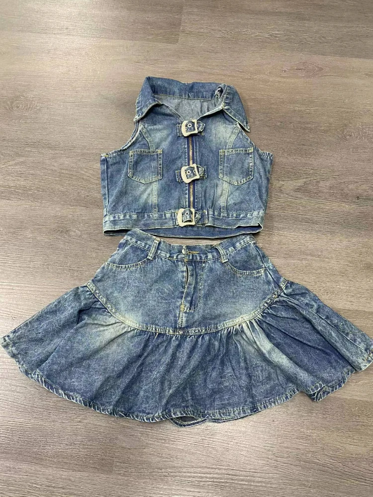 Conjunto de 2 piezas Vintage de moda coreana para mujer, chaleco sin mangas con espalda descubierta y hombros descubiertos, falda Retro vaquera con cinturón, Verano