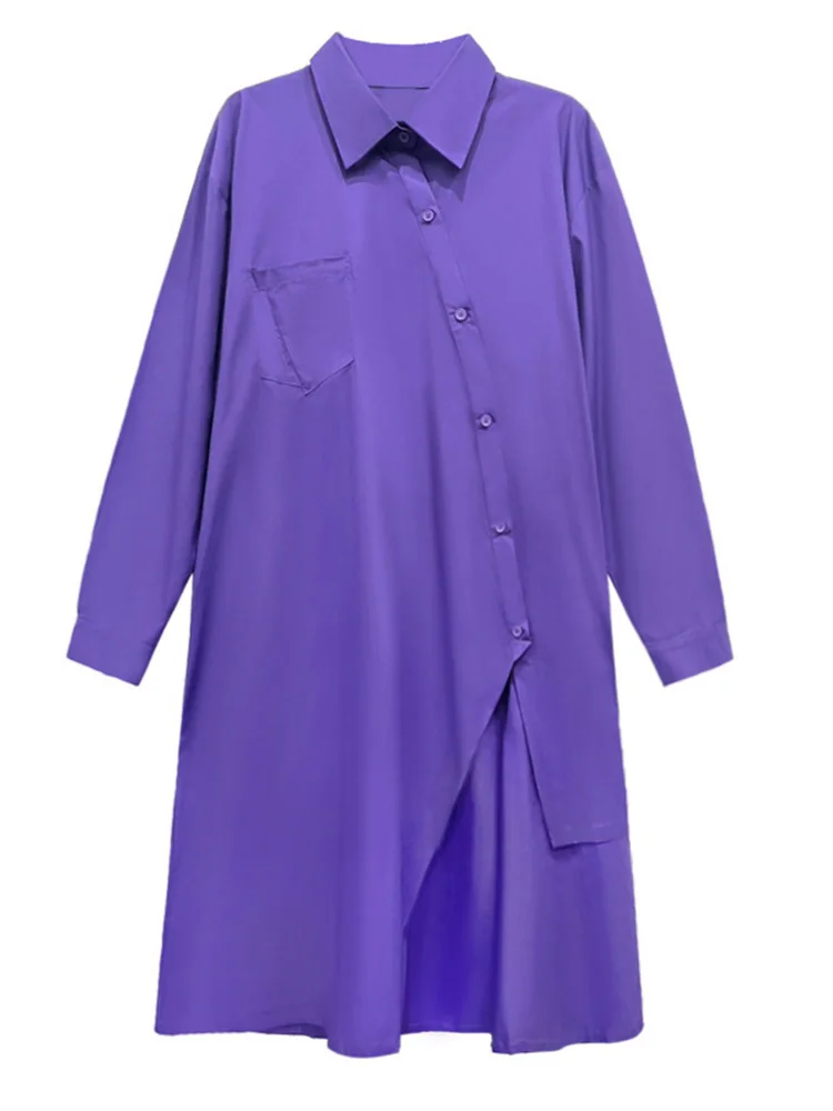 SHENGPALAE-Robe chemise violette à manches longues pour femmes, irrégulière, bouton, fente, grande taille, revers, mode marée, printemps, automne, 2024, 1DH4827