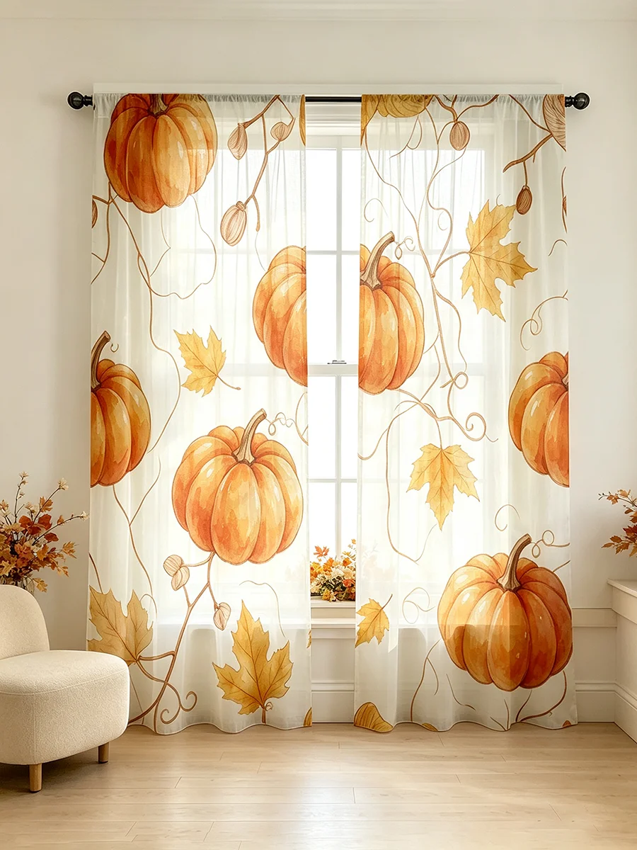 2PCS sheer curtains, pumpkin maple vine prints, fall decor, soft sheer print for warm Korean Thanksgiving bedroom decor