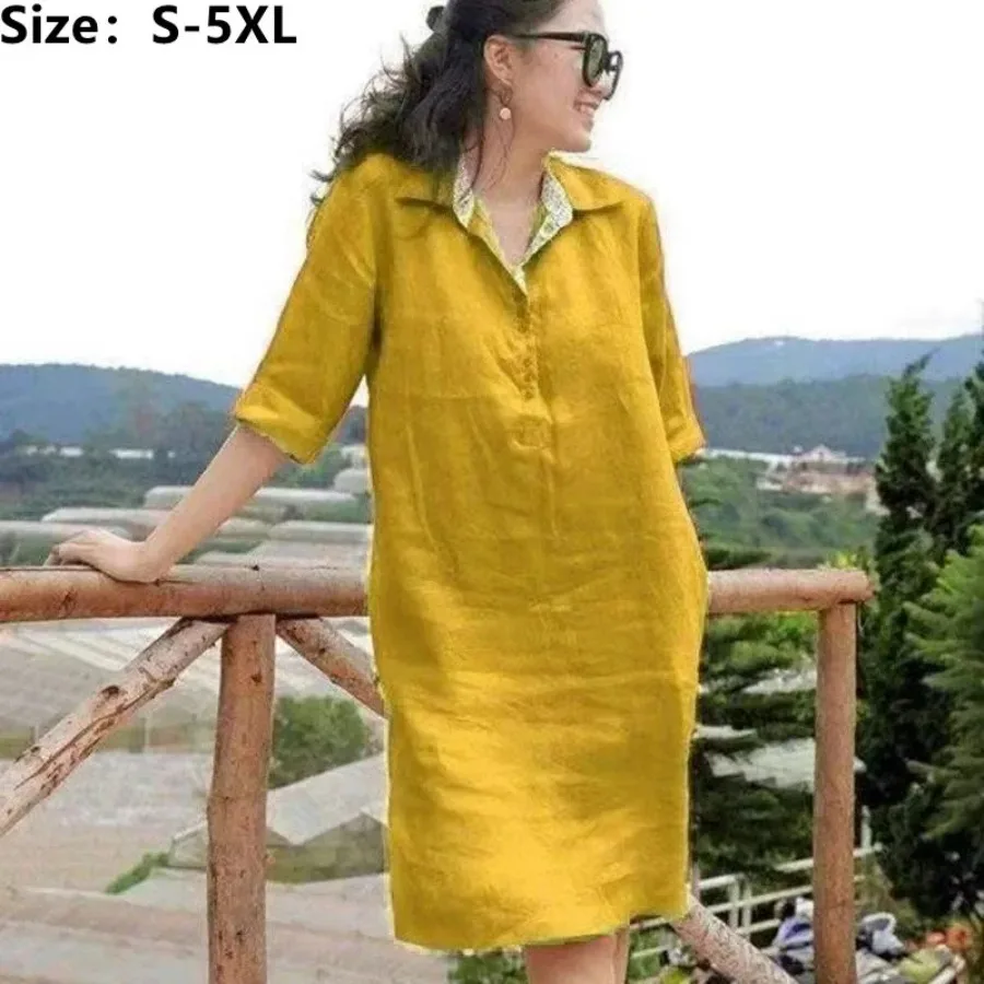 New 2024 Women\'s Casual Shirt Long Dress Oversized Lapel V-neck Buttons Neckline Half Sleeve Solid Dress Female Vestidos S-5XL