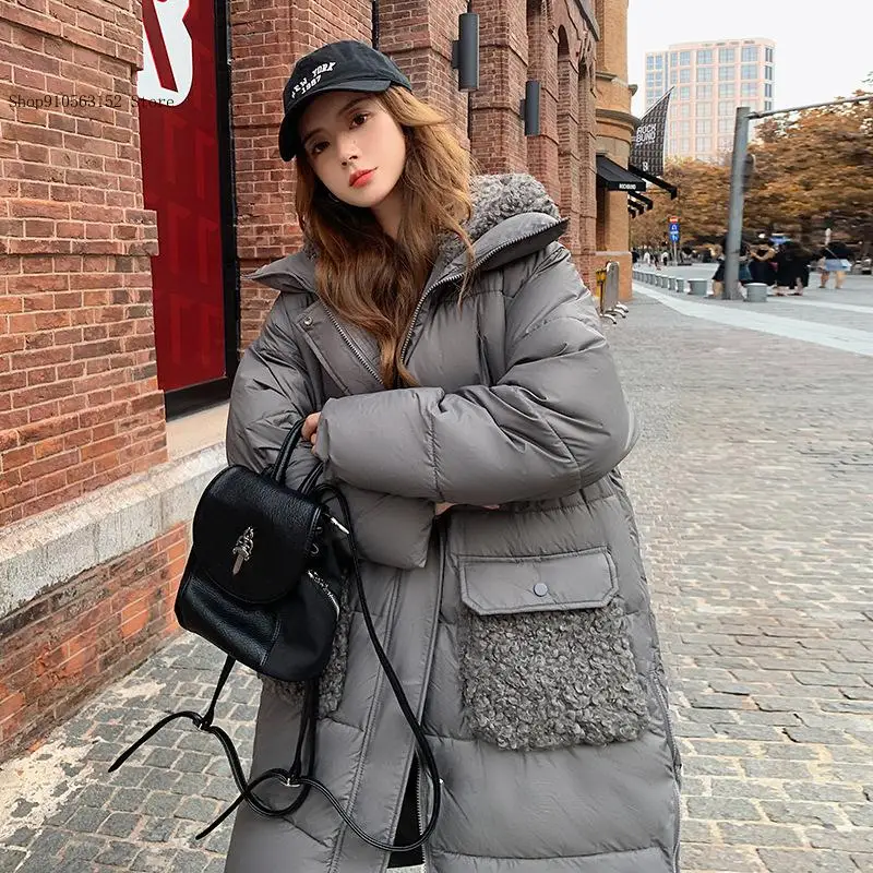 Spring and Autumn Winter Solid Color Medium Long Slim Fit Hoodie Thickened Lamb Wool Large Pocket Cotton Coat for Women