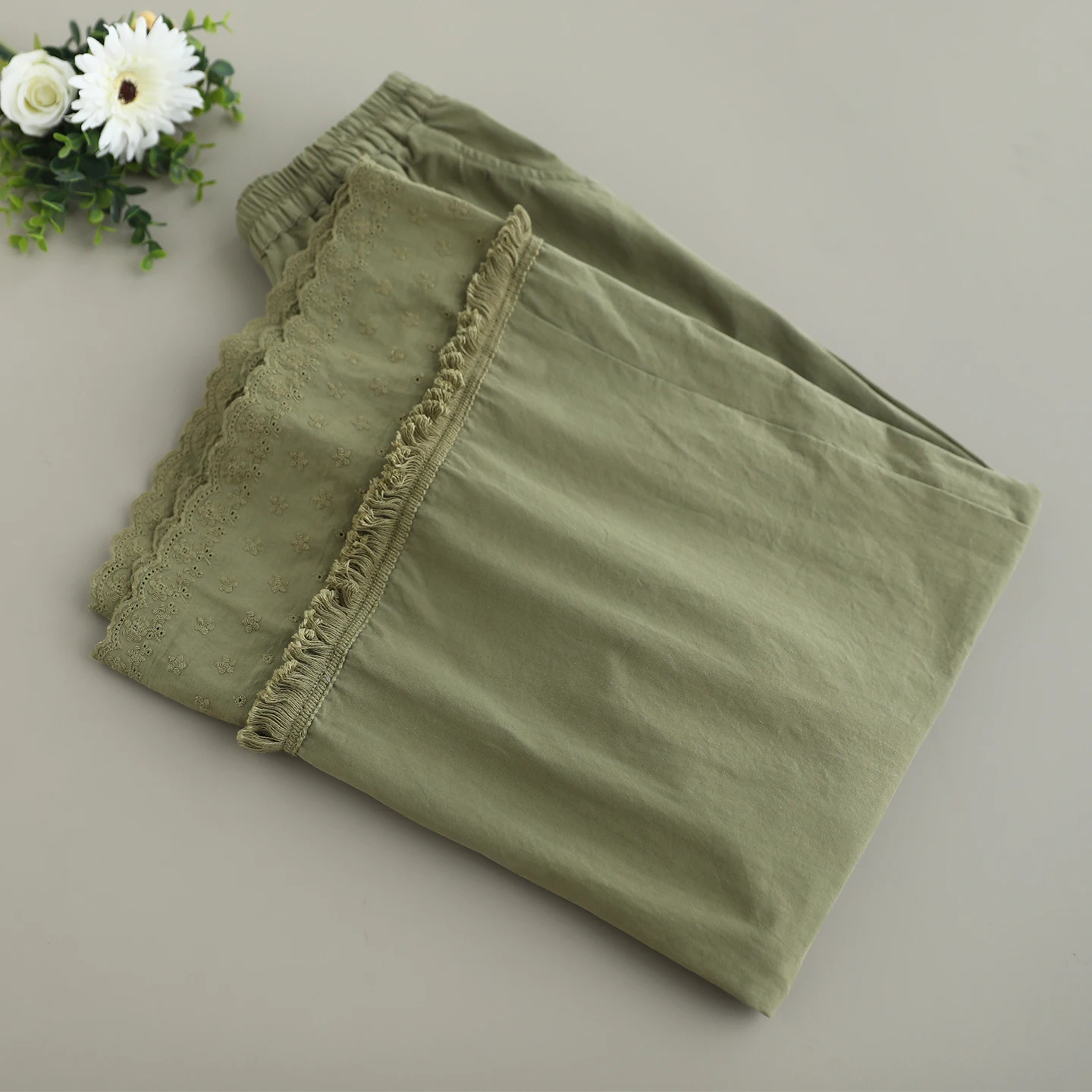Japanese Sweet Mori Girl Solid Color Embroidery Hem Wide Leg Pants Women Summer Elastic Waist Casual Loose Cotton Straight Pants