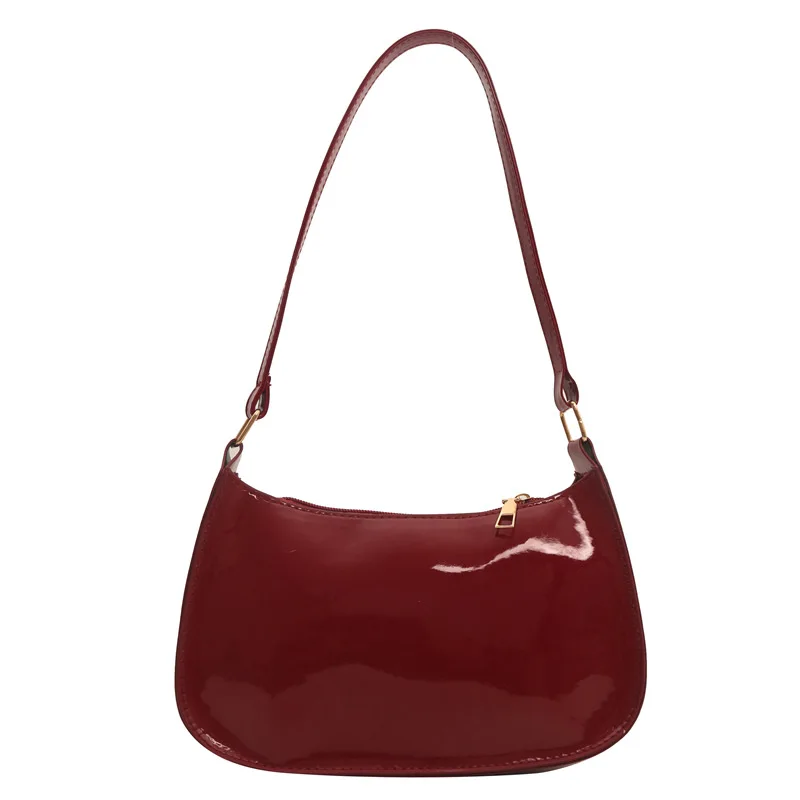 Vintage Wine Red Patent Leather Glossy Underarm Bag 2024 New Minimalist Lady Zipper Shoulder Bag Elegant Versatile Handbag Trend