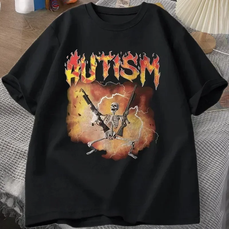 

2025 new model 2025 Autism Funny Skeleton T-shirt Male AutismGraphic T-shirt Harajuku Fashion Retro T-shirt Female Street Wear