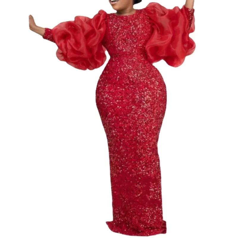 Abiti africani per donna Primavera Autunno Donna africana Manica lunga Poliestere Paillettes Nero Rosso Abito lungo Abito maxi S-3XL