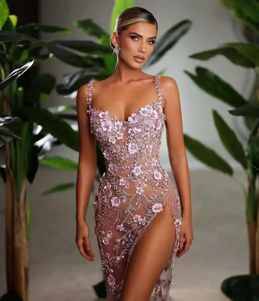 セクシーなプロムドレス スパンコール付きレースイブニングドレス フラワーパーティードレス サイドスリットブライダルガウン クリスタルローブ・デ・マリエ サイズカスタマイズ