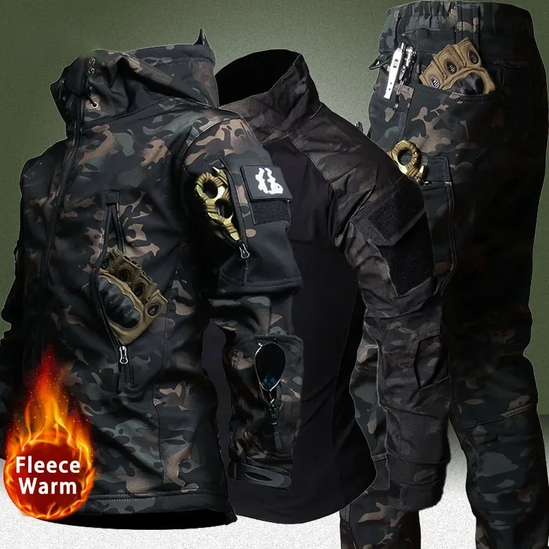 Tactical Uniform Sets Men Combat Fleece Suit Outdoor Camo Multicam Hunting Shirt+Cargo Pants Airsoft Kits Training Workwear Suit