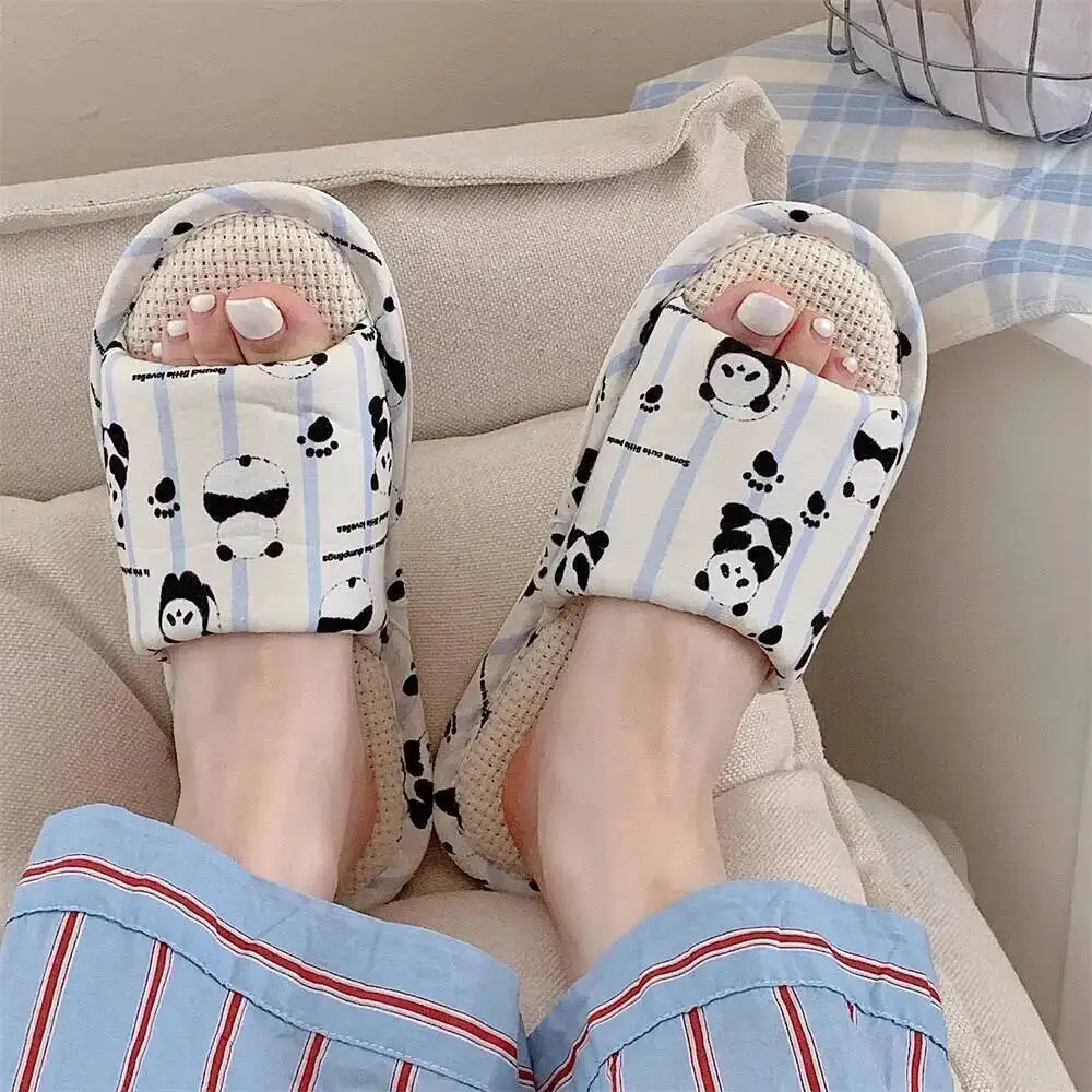 Women's Cartoon Panda Linen Slippers Four Season Versatile Student Home Use Sweat Absorbent Cotton Linen Slippers For Air