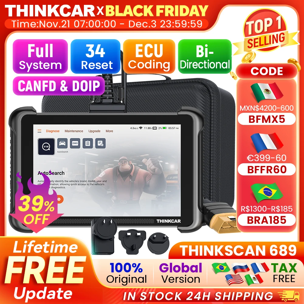 THINKCAR THINKSCAN 689 Professional Car Diagnostic Tools CANFD DOIP Bi-directional ECU Coding 34 Reset Full System Obd2 Scanner