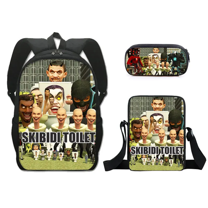 Moda popular skibidi toalete impressão 3d 3 pçs/set aluno sacos de escola portátil mochila mochila ombro inclinado caso lápis