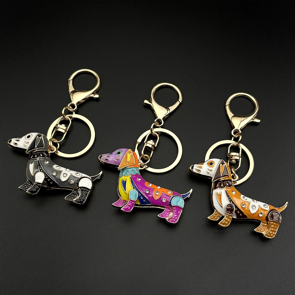 Dachshund Keychains Trend Painted Sausage Dog Keychain For Women Men Full Crystal Female Bag Hanging Decor Sausage Pup Jewelry