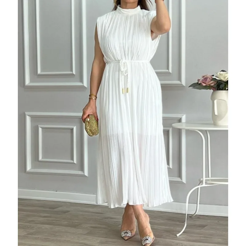 Women's Clothing 2026 Summer New Pleated Semi-turtleneck Waist Strap Medium and Long Dress