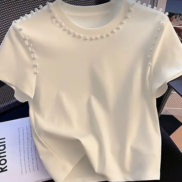 

Short-sleeved T-shirt women's summer new beaded Joker loose show solid color simple niche French round neck top.