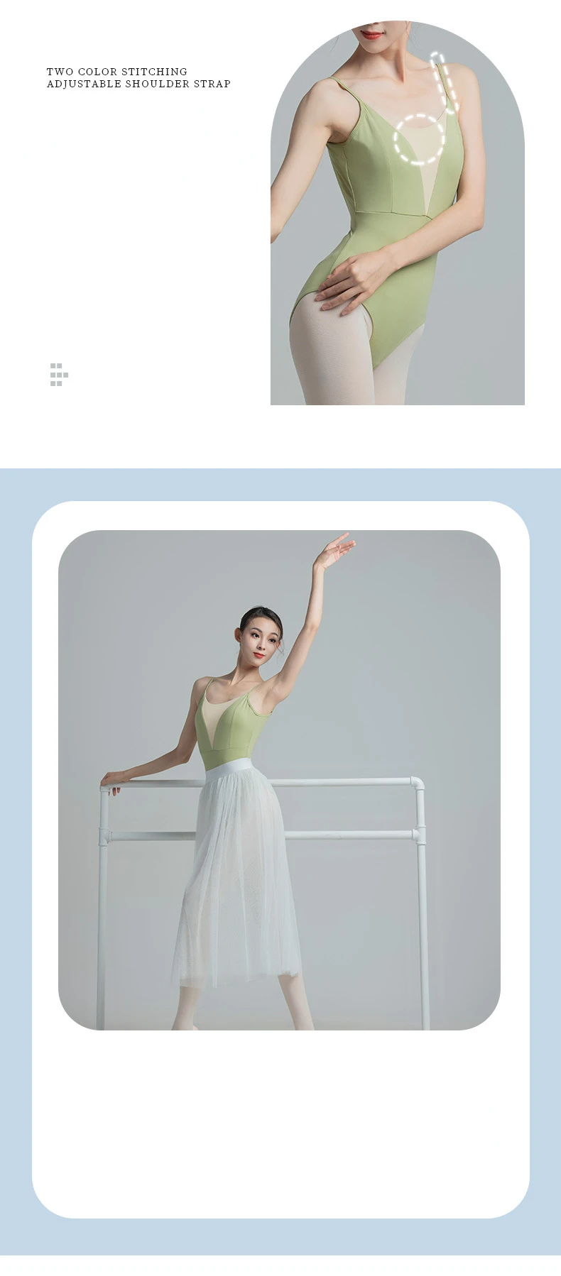 Elegantes, stilvolles Ballett-Gymnastik-Trikot mit hohem Rückenausschnitt, U-förmigem Rücken, Netzstoff-Fischschwanz-Einsatz und Kragen für Schwanentanz-Training – Detail 7