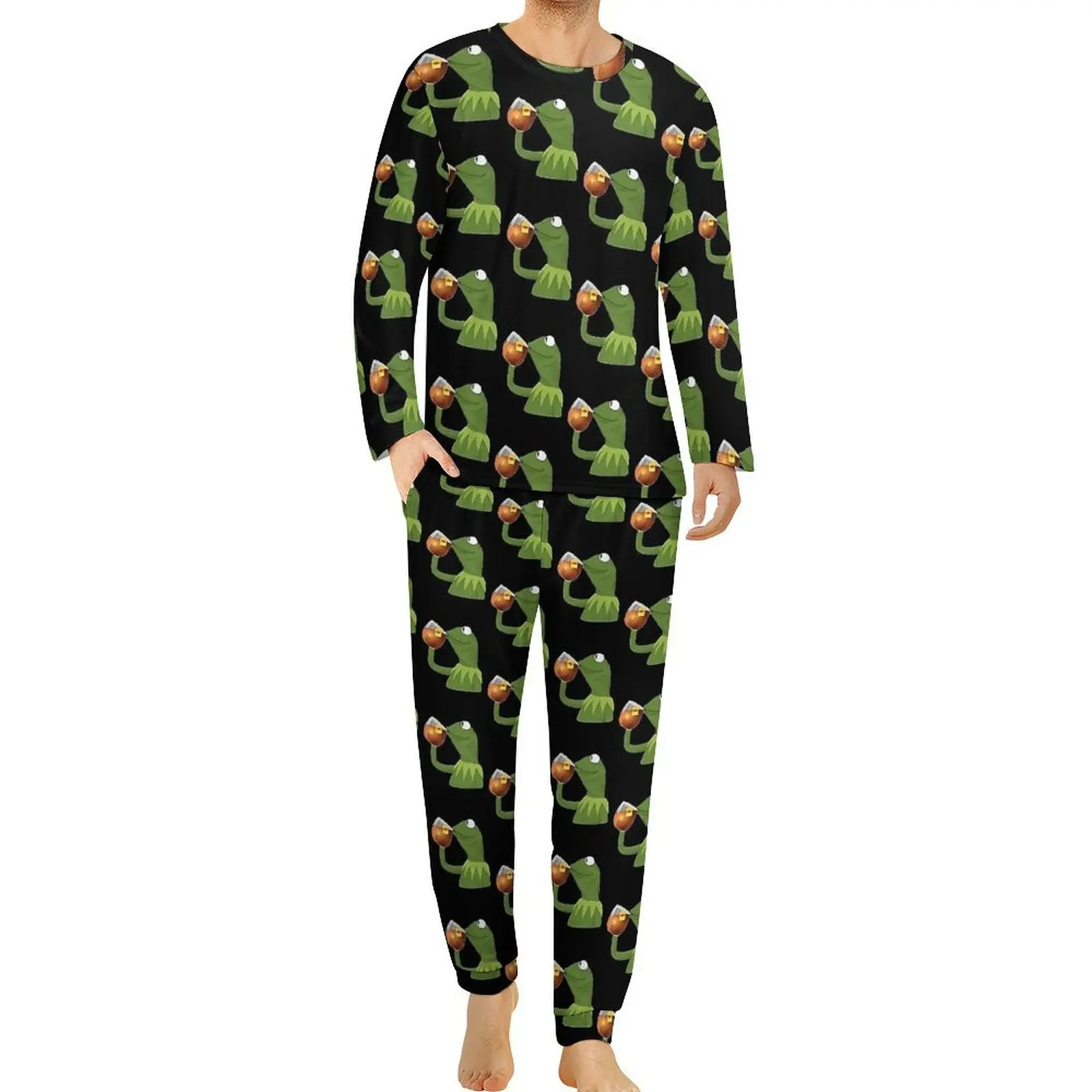 Forgs Meme Pajamas Men Funny Animal Soft Nightwear Spring Long Sleeve 2 Piece Room Printed Pajama Sets Big Size