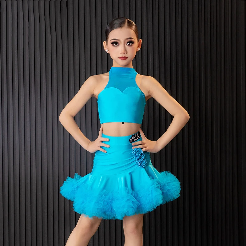 

2026 Latin Dance Competition Clothing For Girls Sexy Tops Fluffy Skirts Suit Chacha Rumba Tango Kids Latin Dance Wear DQS22026